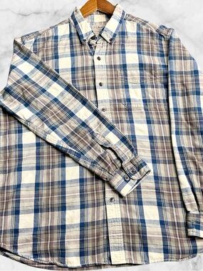 LL Bean Mens Large Traditional Fit Flannel Shirt Plaid Cotton Button Down Blue